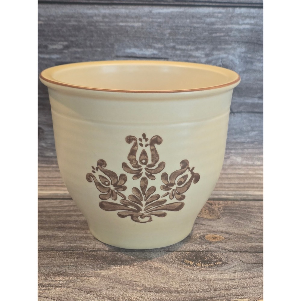Pfaltzgraff Village Stoneware Planter Crock Folk Art Floral Cream Brown USA
